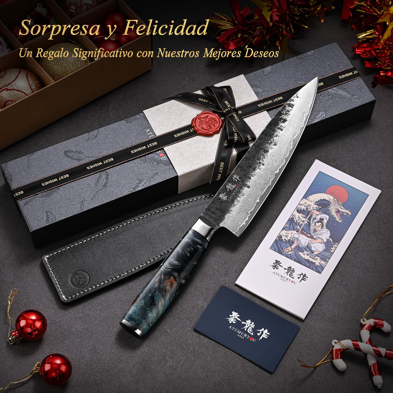 Cuchillo Japonés Profesional 20cm, Cuchillo Damasco de Acero VG10 de 67 Capas, Cuchillo Chef Afilado para Verdura y Carne, Mango Ergonómico con Funda de Cuero y Caja de Regalo, Regalo de Lujo