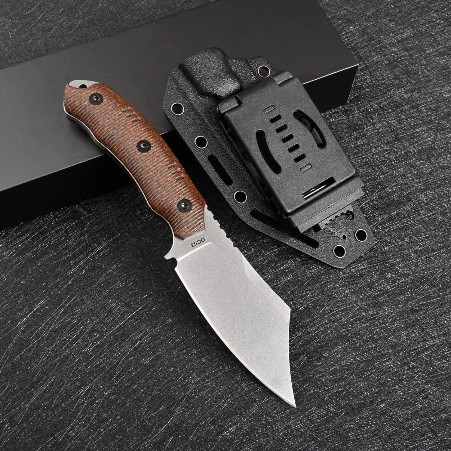Tactical Fixed Blade Knife DC53 Steel Micarta Handle Kydex Sheath Knives for EDC Outdoor Camping Survival Hunting (White Stone Wash)