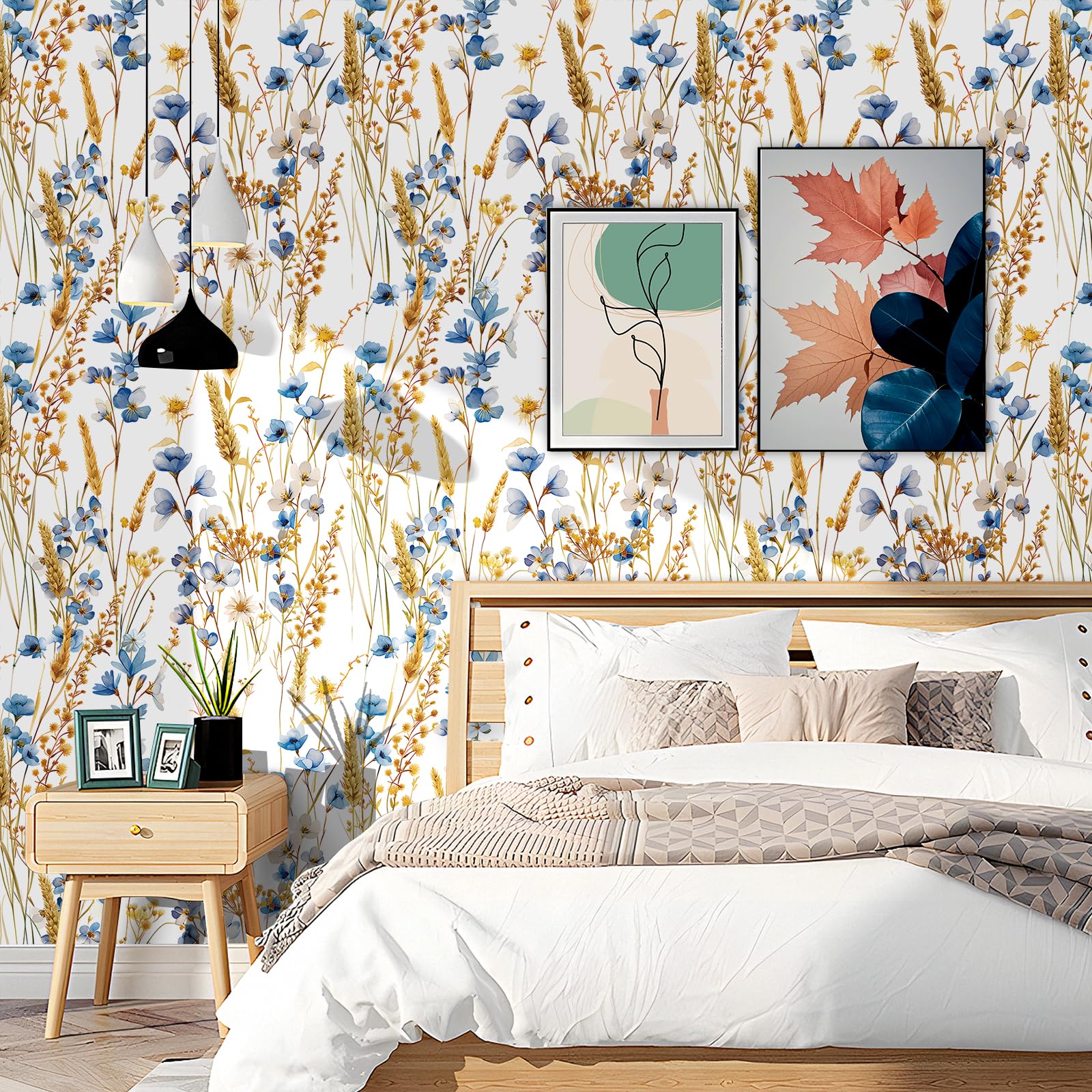 FunStick 44.5CMx9M Papel Pintado Floral Blanco Pared Dormitorio Trigo Otoñal y Flores Silvestres Impermeable Papel Adhesivo para Muebles Baño Blanco Azul Dorado Vinilo Adhesivo Flores Muebles Armario