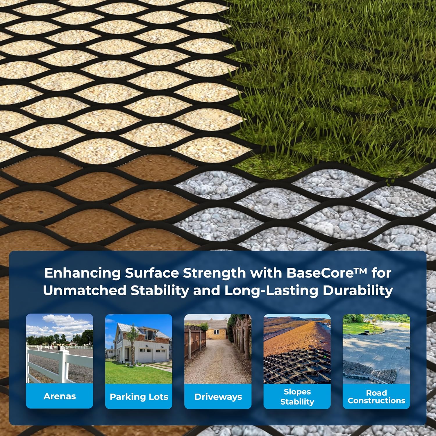 BaseCore HD™ 3" Geocell Ground Grid | 10x12 ft Commercial Grade Gravel Grid for Driveway, Parking, Slope | Heavy Duty Landscaping Stabilizer, Horse Run & Erosion Control - 1 Panel 120 sq ft