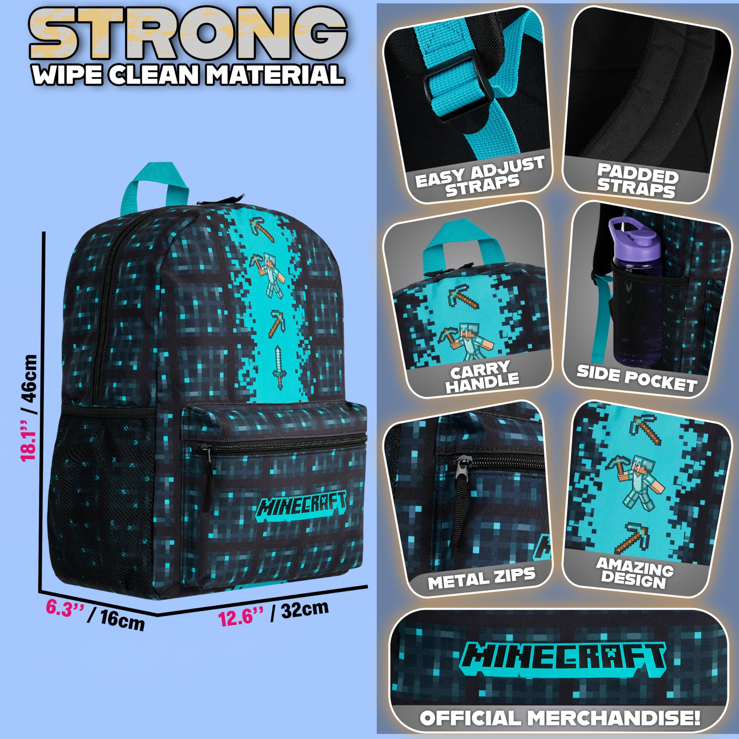 Minecraft Sac à Dos École pour Enfants Avec Poche Avant Zippée pour Le Sport, La Salle de Sport (Bleu)