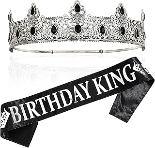 TITIKADI Birthday King Crown and Birthday King Sash,Birthday Gifts for Men, Birthday Crown King Birthday Party Decoration (Vintage silver-A)