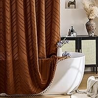 Vista 15 de Cortina de ducha bohemia rosa de tela tejida con borlas blancas, bonita cortina de ducha moderna de granja con textura tufted de chevrón a rayas