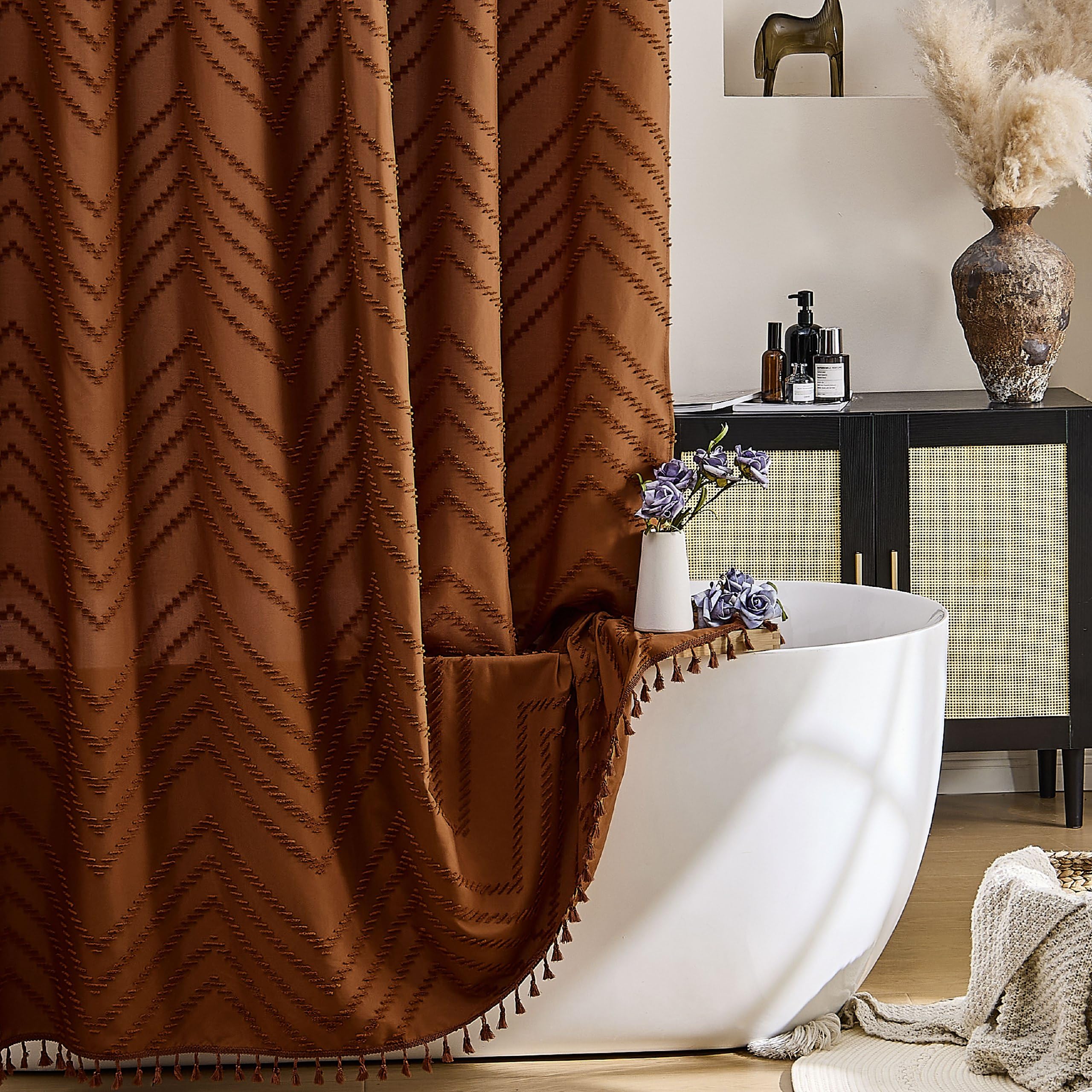 Siiluminisoy Boho Extra Long Pumpkin Orange Shower Curtain With Tassel, Woven Fabric, Tufted Chevron Striped, 72 x 78, Modern Chic Textured Minimalist Bathroom Decor โ image 1
