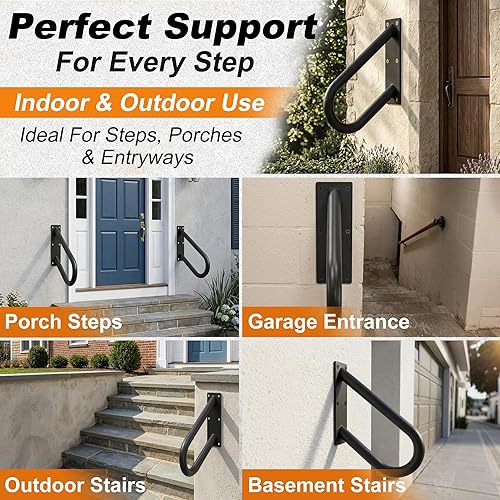 Miniatura 5 de Pasamanos para escalón al aire libre negros, barandilla de barra de agarre segura, barandilla de tubo en forma de U, pasamanos de metal, barandilla