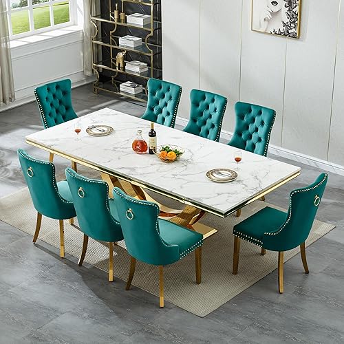 Miniatura 51 de Juego de mesa de comedor de mármol de 9 piezas para mesa de comedor grande de mármol blanco de 8 y 94 pulgadas con base de acero inoxidable en forma