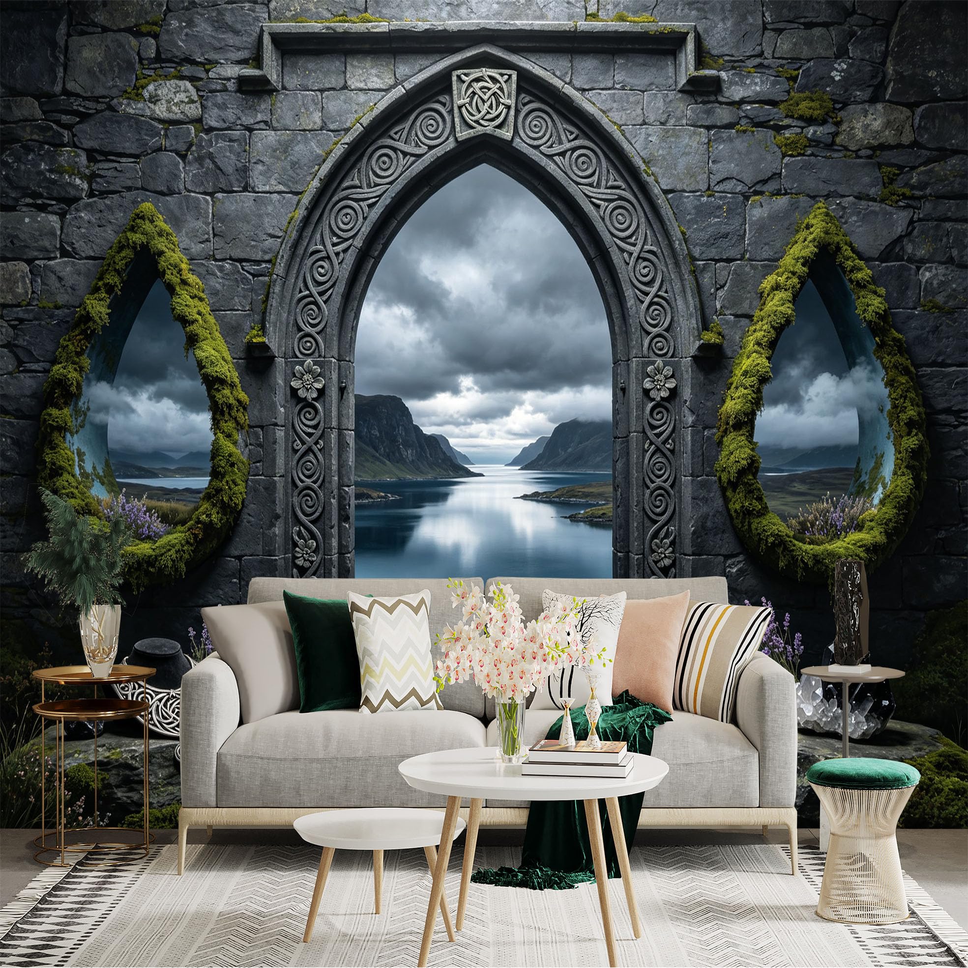 Custom Size Wall Sticker Mural， Mystic Stone Archway， Nordic Lake Landscape， Mossy Ruins， Fantasy Nature View， for wall Decoration， peelandstick wall Decals.