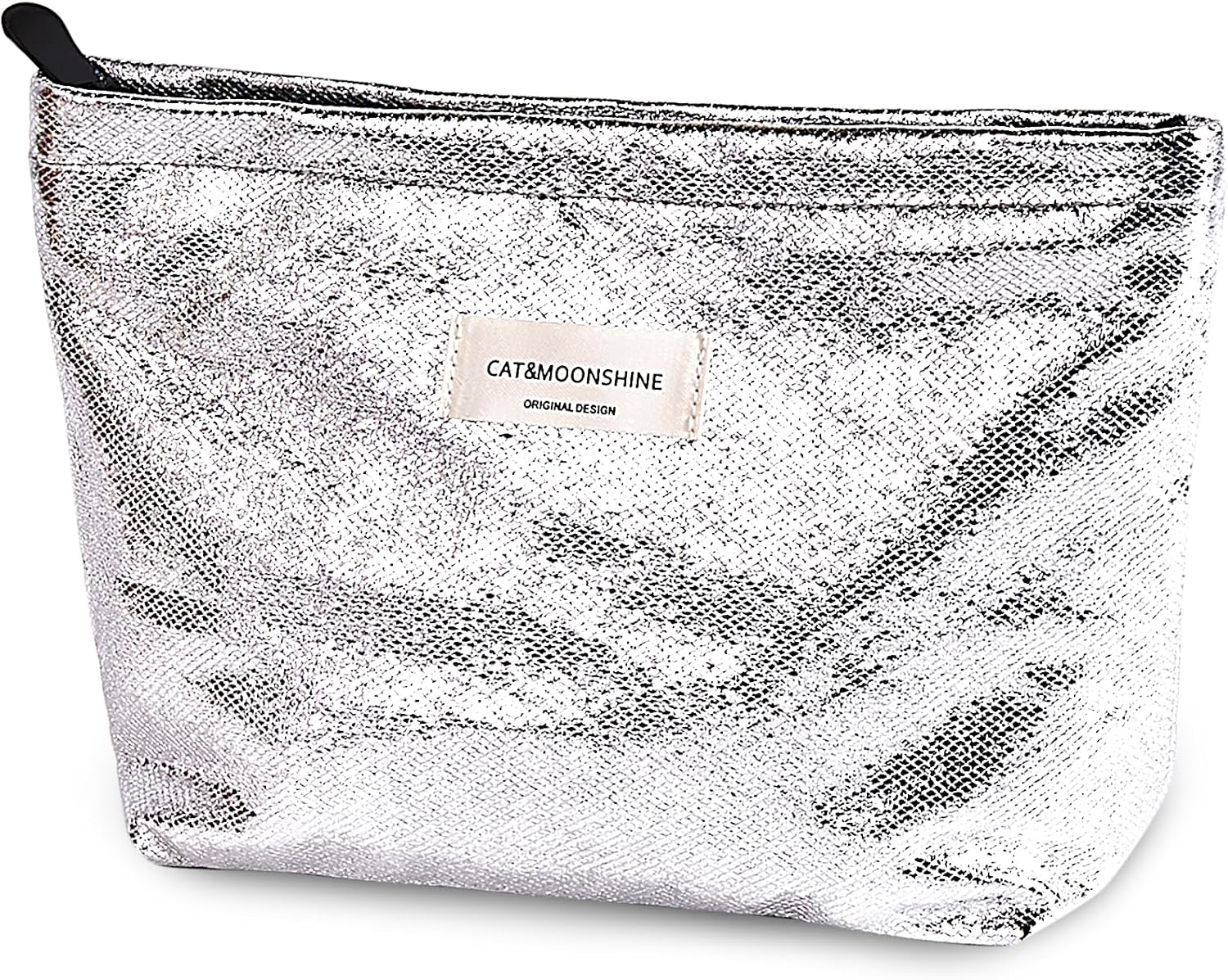 Makeup Bag Cosmetic bag Silver Preppy Canvas Toiletry Bag for women Cute zipper pouch Organizer Travel accessories (Shiny Silver, Large)