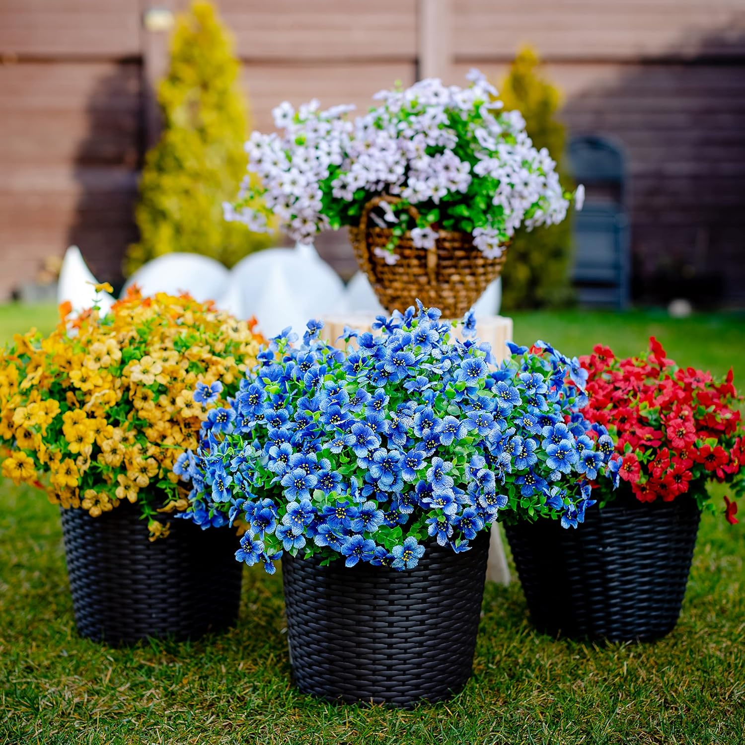 Artificial Flowers for Outdoors Fake Plants - 16 Bundles Faux Outside Greenery Boxwood No Fade Plastic Shrubs Fall Decor Farmhouse Home Garden (Blue) - Image 3