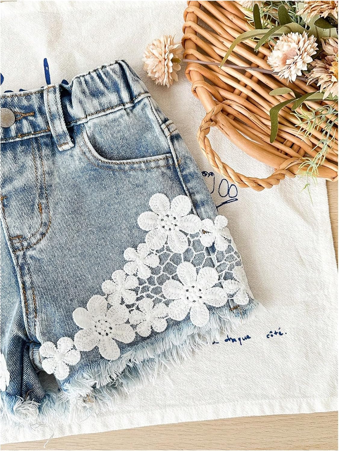 MakeMeChic Girl's Summer Floral Lace Denim Shorts Distressed Trim Zip Fly Micro Mini Jorts