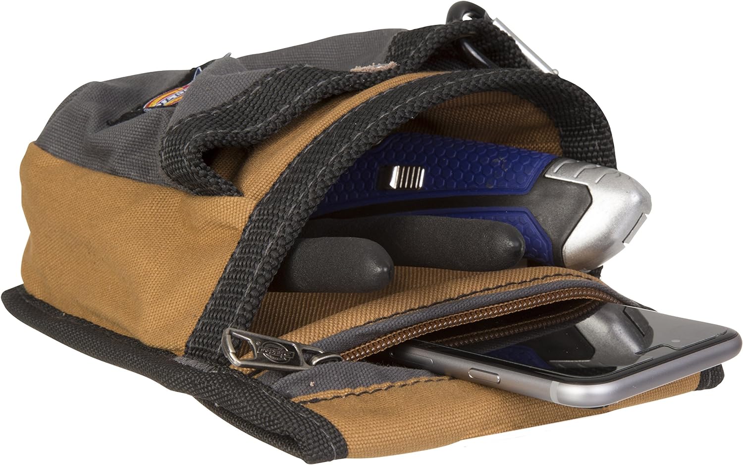 Dickies Zipper Pocket Canvas Pouch for Tool and Work Belts, Four Pockets, Cushioned Pocket, Grey/Tan