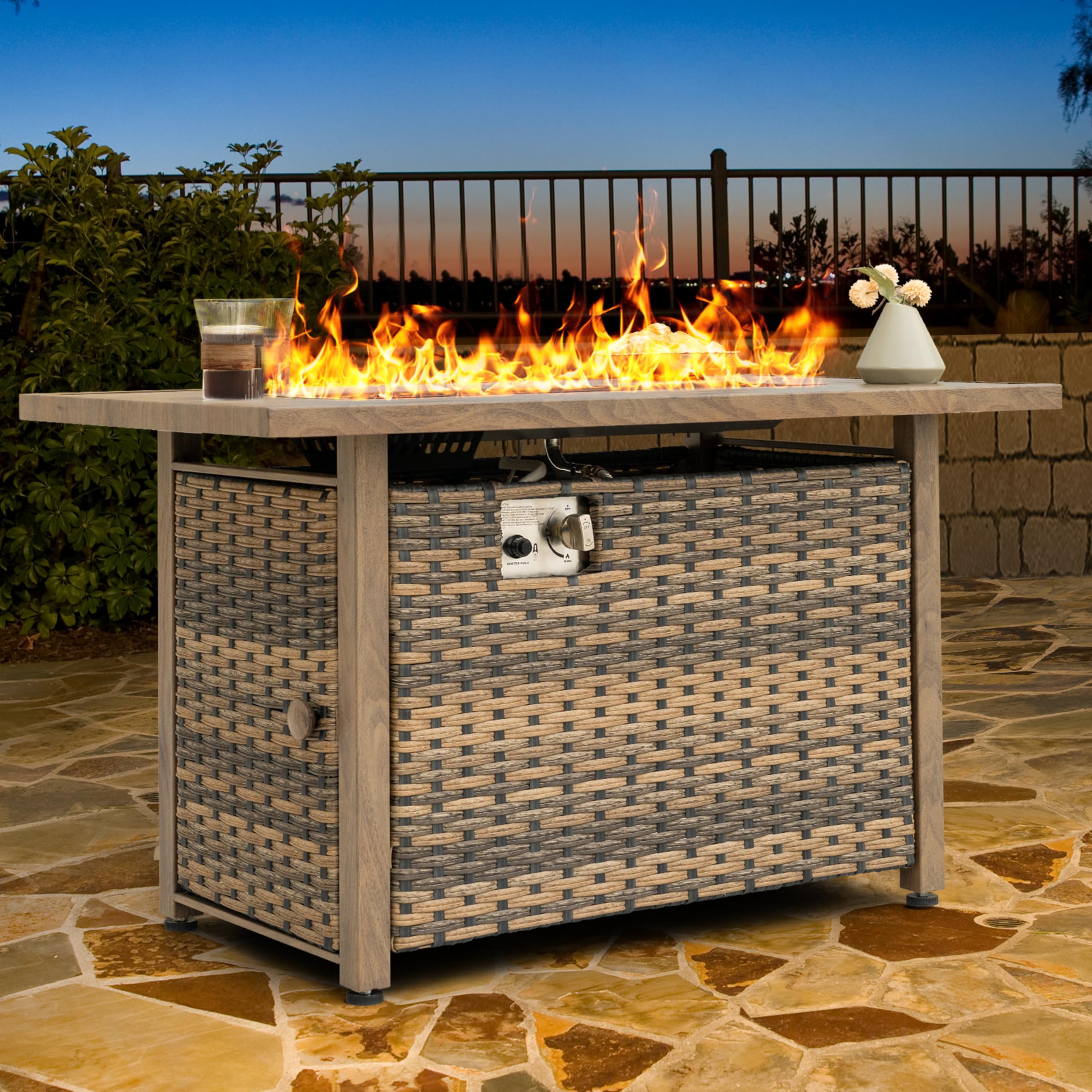 Nuu Garden 43" Propane Fire Pit Table, 50,000 BTU CSA-Listed Rattan Outdoor Gas Fire Pit with Lid &amp; Glass Beads, Smokeless Rectangular Patio Heater Table for Backyard, Deck, Garden, Brown