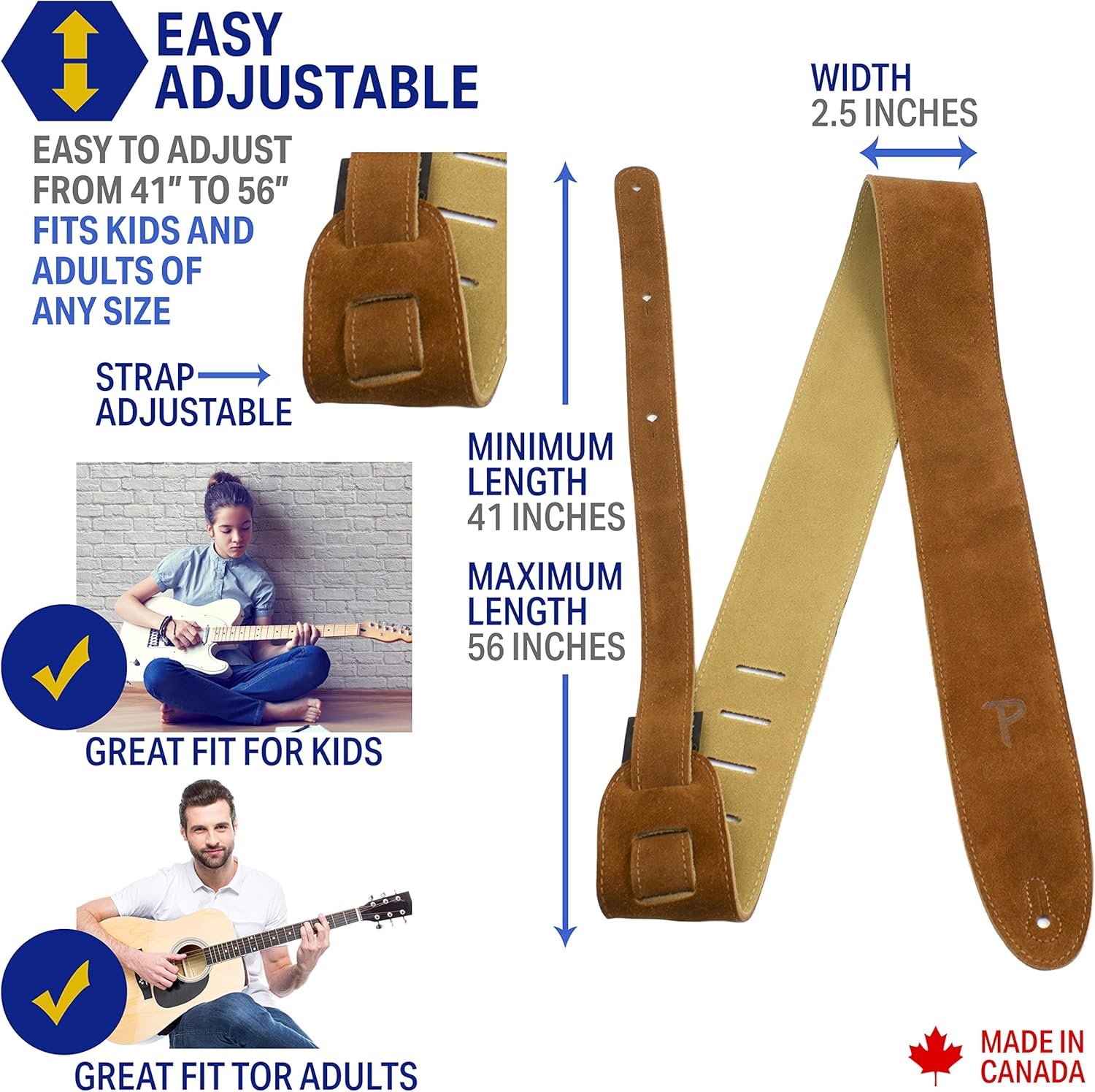 Perri’s Leathers Adjustable Guitar Straps for Kids, Men & Women - Suede Guitar Strap for Acoustic, Bass and Electric Guitars - Adjustable Size - Suede Brown : Musical Instruments