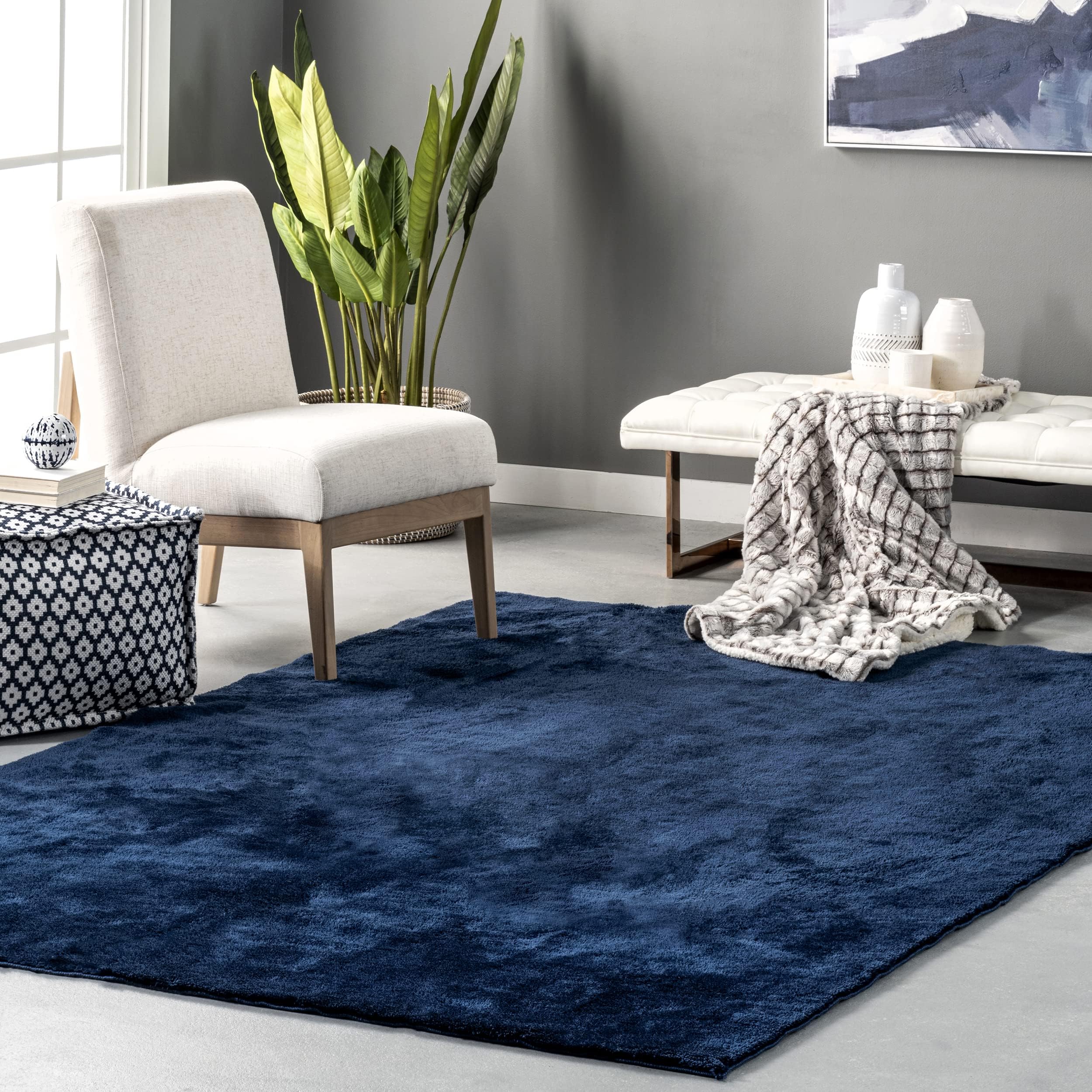 nuLOOM Loni Solid Machine Washable Shag Area Rug, 6' x 9', Navy