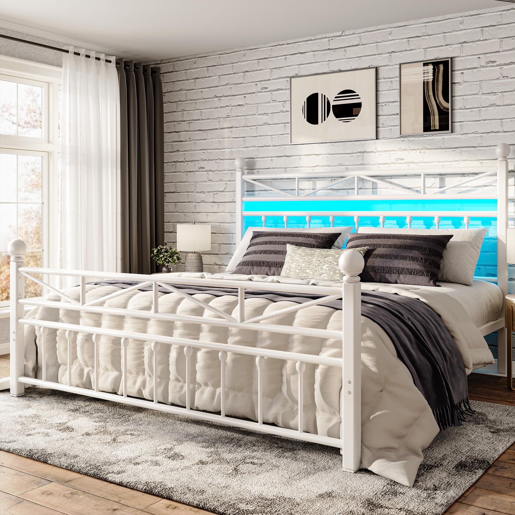 EnHomee Metal King Bed Frame Tall Headboard and LED Light Noise-Free White