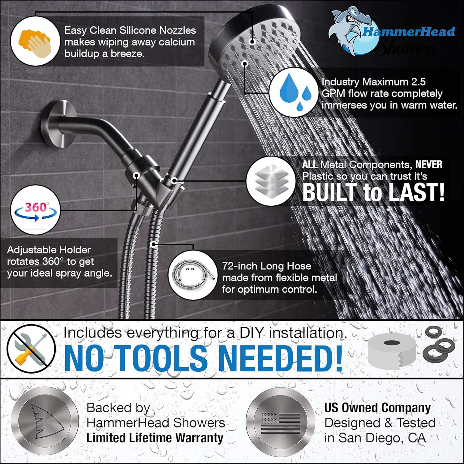 All Metal Hand Held Shower Head with Hose and Holder, Brushed Nickel | 2.5 GPM High Flow Regulator with Pressure Optimization | 4" Handheld Showerhead, 72 Inch Long Flexible Hose, Adjustable Bracket - - 