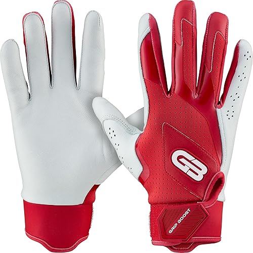 Grip Boost Loaded Baseball Batting Gloves with Boost Plus Leather - Adult and Youth Sizes (Red, Medium)