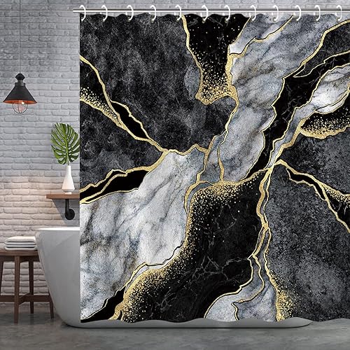 Miniatura 3 de RosieLily Cortina de ducha negra, cortina de ducha de mármol, cortina de ducha abstracta, juego de cortinas de ducha de mármol negro con 12 ganchos,