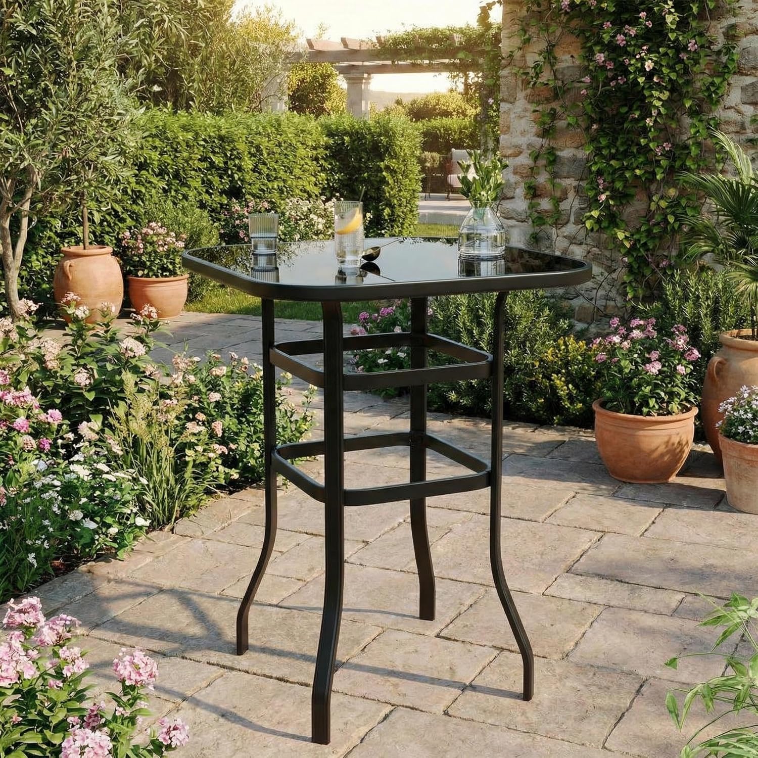 Outdoor Swivel Bar Table Set, 3-Piece Patio Bar Height Set with Steel Frame and Tempered Glass Tabletop, Modern Outdoor Bar Table for Balcony, Patio or Poolside