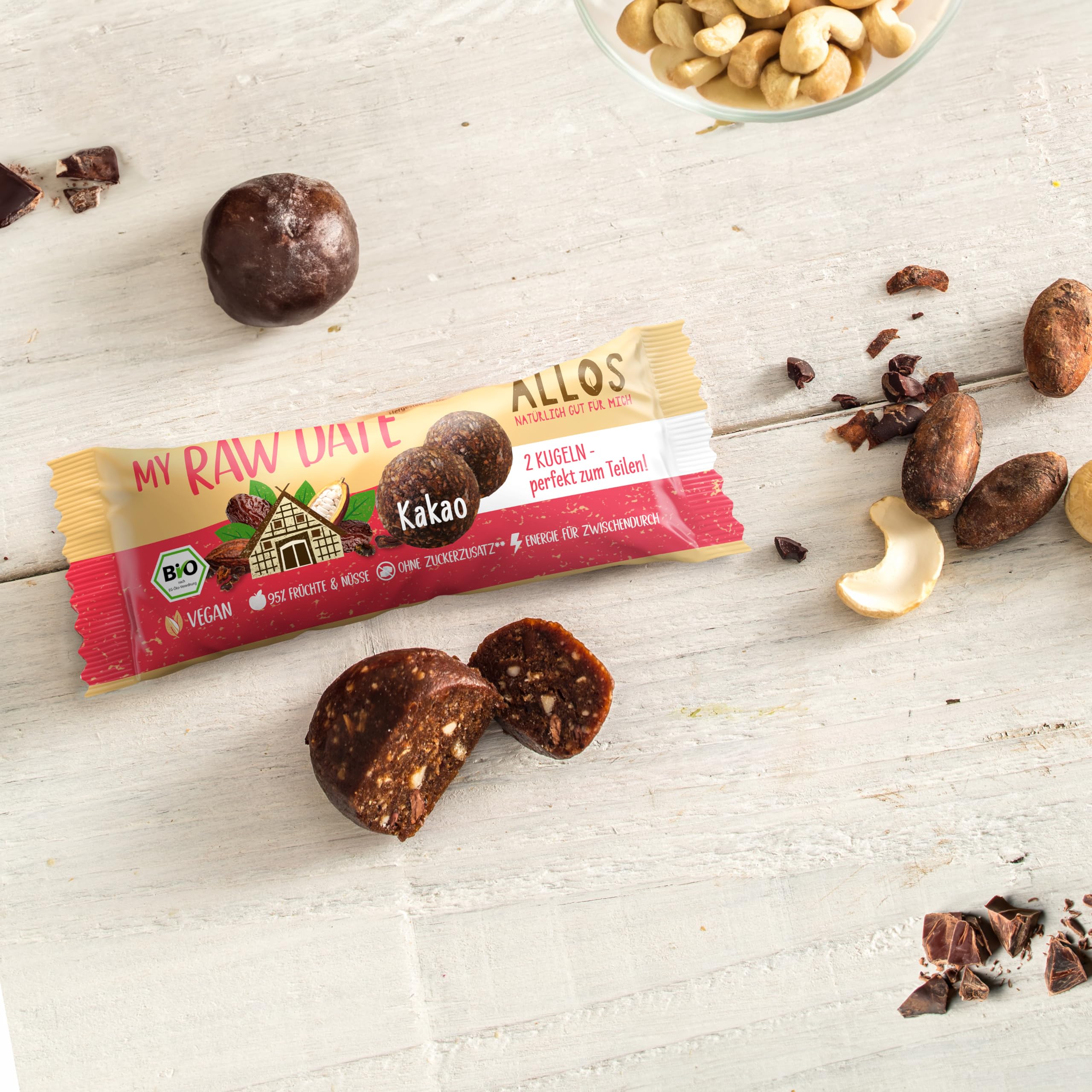 Allos My Raw Date Kakao | Bio Bliss Balls / Energy Balls | 18 x 32g | Energy Balls mit Kakao | 100% Bio & vegan | praktischer Snack für unterwegs
