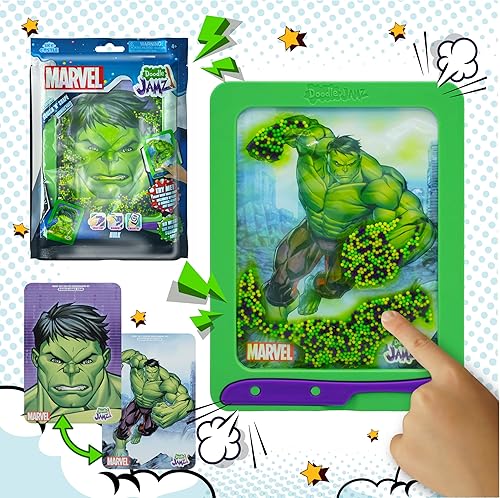DoodleJamz Marvel JellyPics - Almohadillas de dibujo sensoriales rellenas de cuentas blandas no tóxicas y gel, incluye lápiz capacitivo, tarjeta