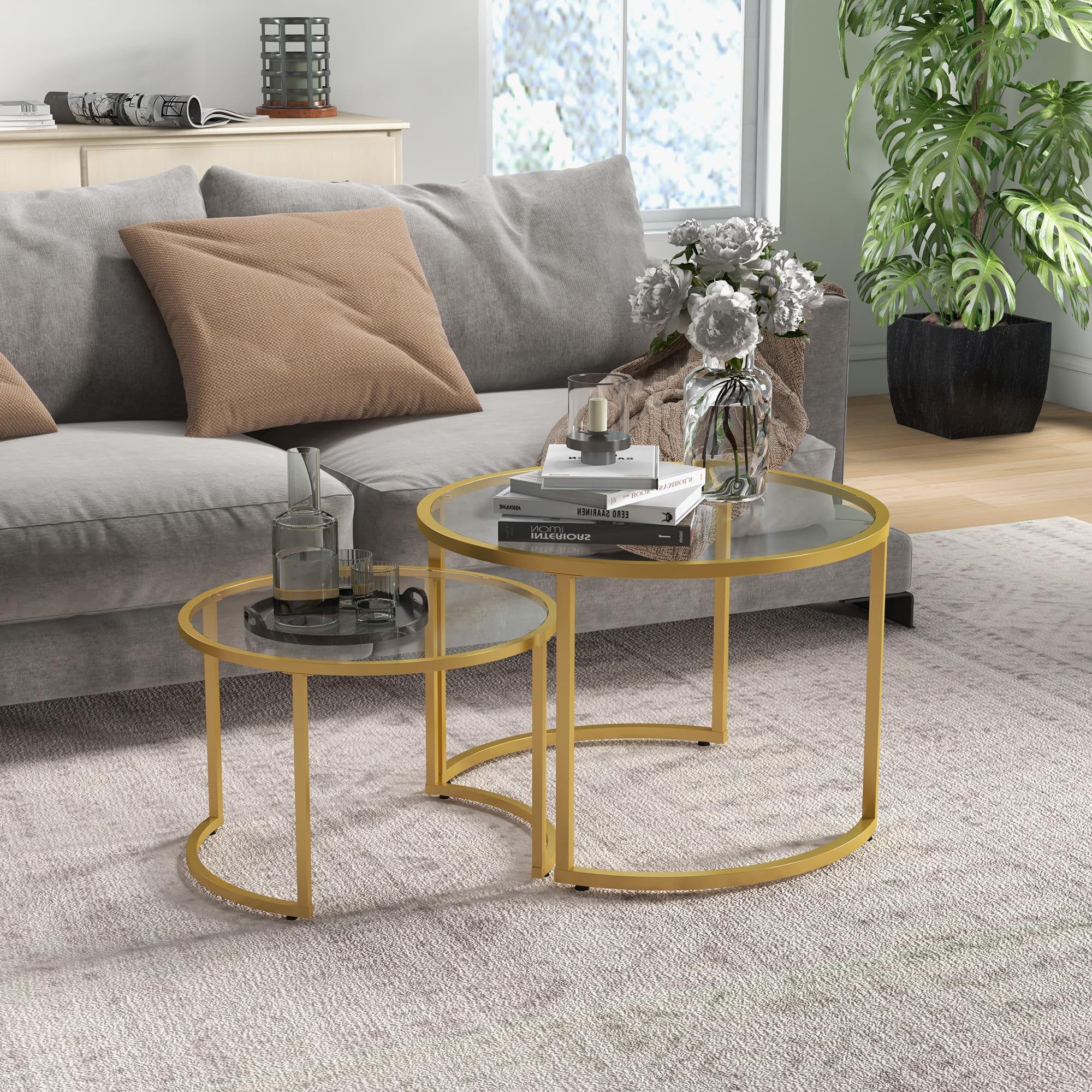 HOMCOM Set 2 mesas café sobre Vidrio Templado, Estructura Acero, Dorado | Mesas nido modernas para salón