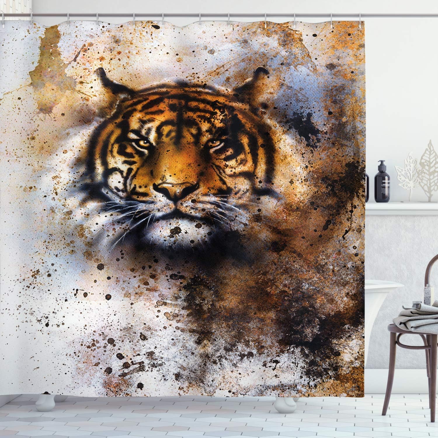 Ambesonne Tiger Shower Curtain, Wild Beast Looking Straight into The Eyes of The Viewer Angry Looking Panthera Tigris, Cloth Fabric Bathroom Decor Set with Hooks, 69" W x 84" L, Multicolor