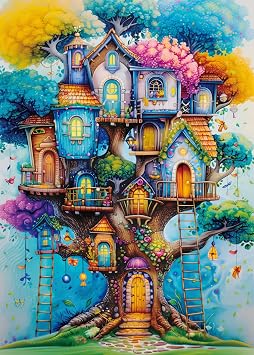 Magical Tree House Jigsaw Puzzle 1000 Piece for Adult, Colorful Plant Art Painting Jigsaw Puzzles, Rainbow Nature Aesthetic Puzzle