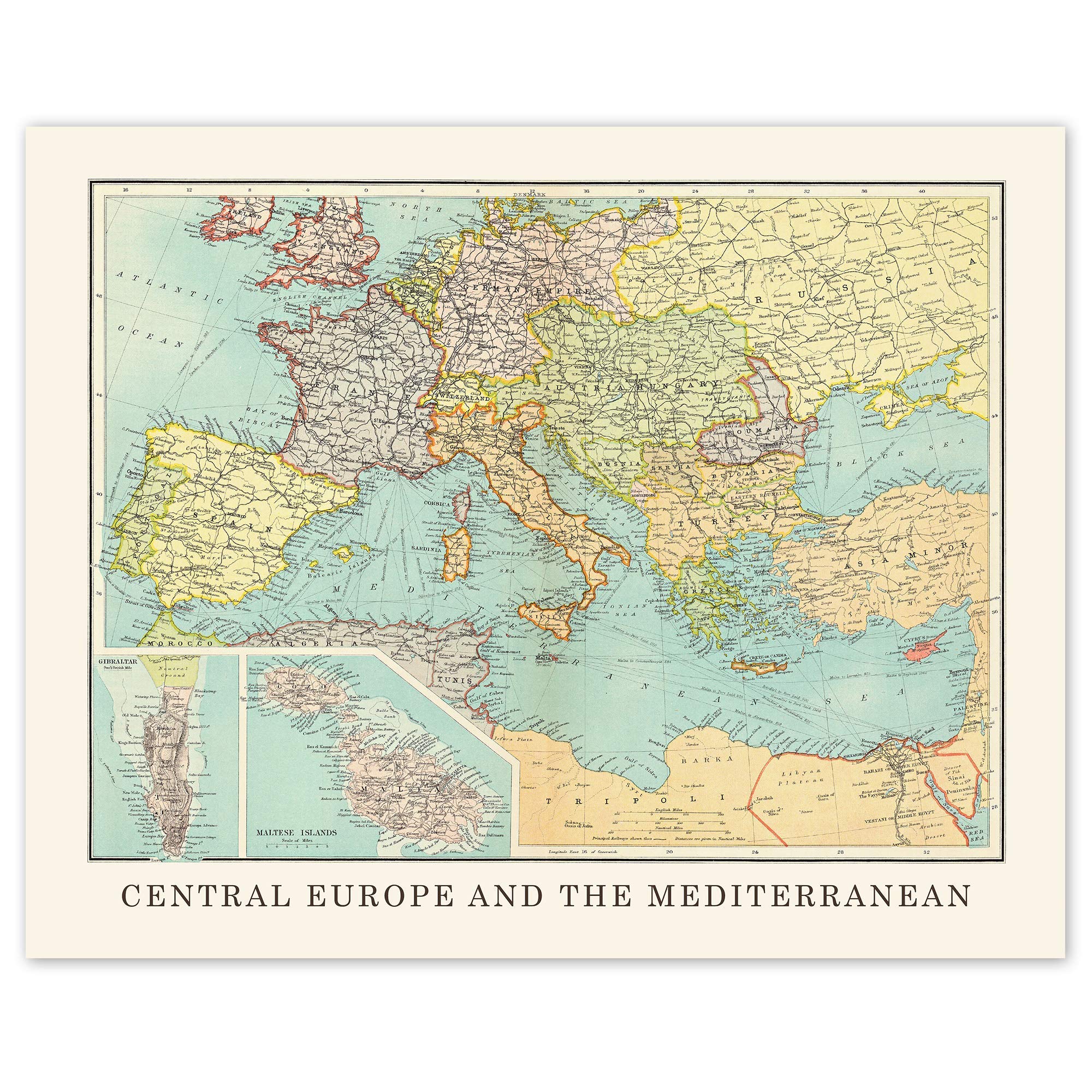 Vintage Central Europe Mediterranean 1898 Map Prints, 1 (11x14) Unframed Photos, Wall Art Decor Gift for Home Geography Work Office Explorer Garage School College History Student Teacher Coach Fans