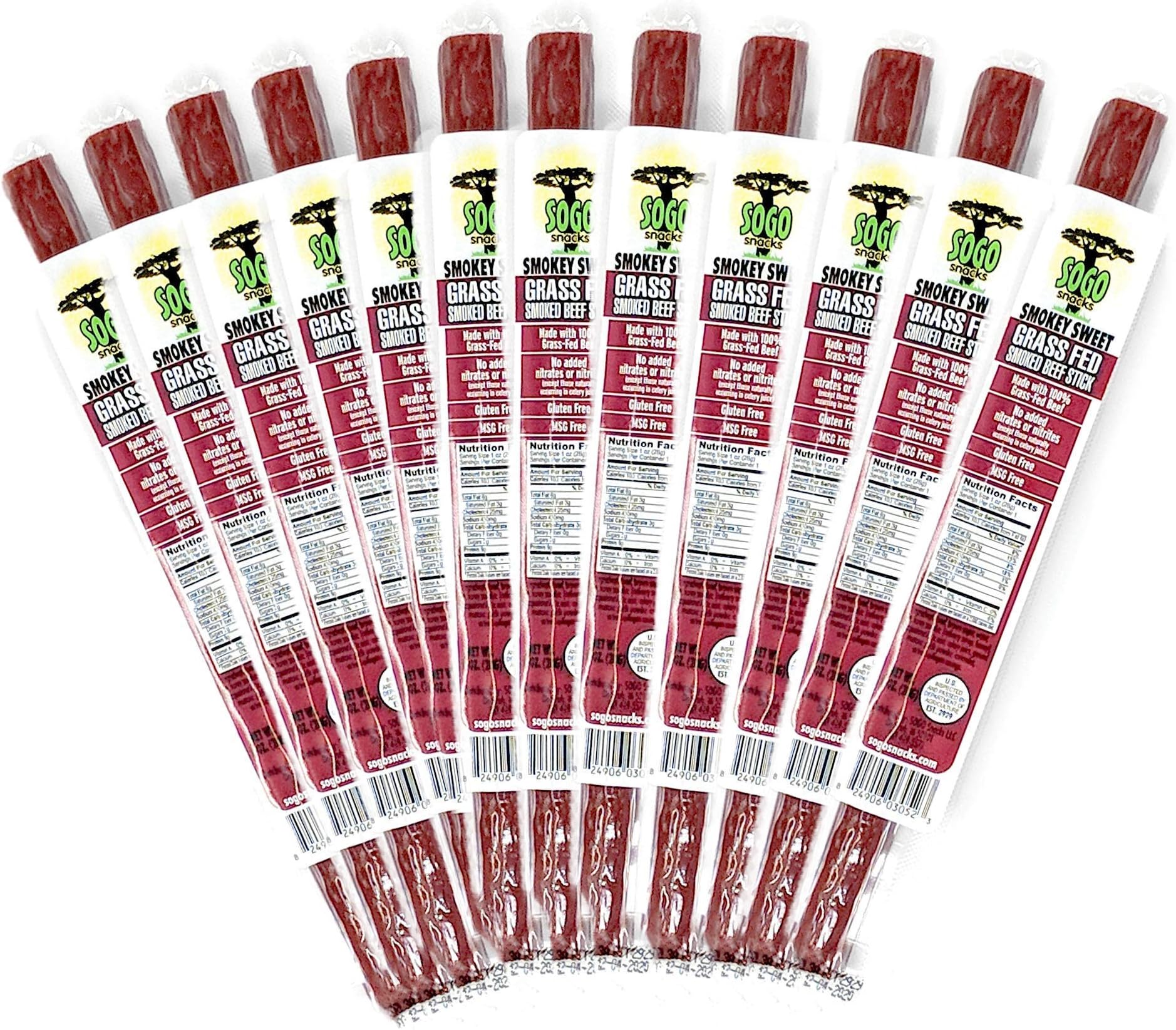 Sogo Snacks Smokey Sweet 100% Grass Fed Beef Sticks, Non-GMO, No Nitrates, Gluten Free, Soy Free and Dairy Free, No Nuts or MSG, Paleo & Keto Snack, 12 Count