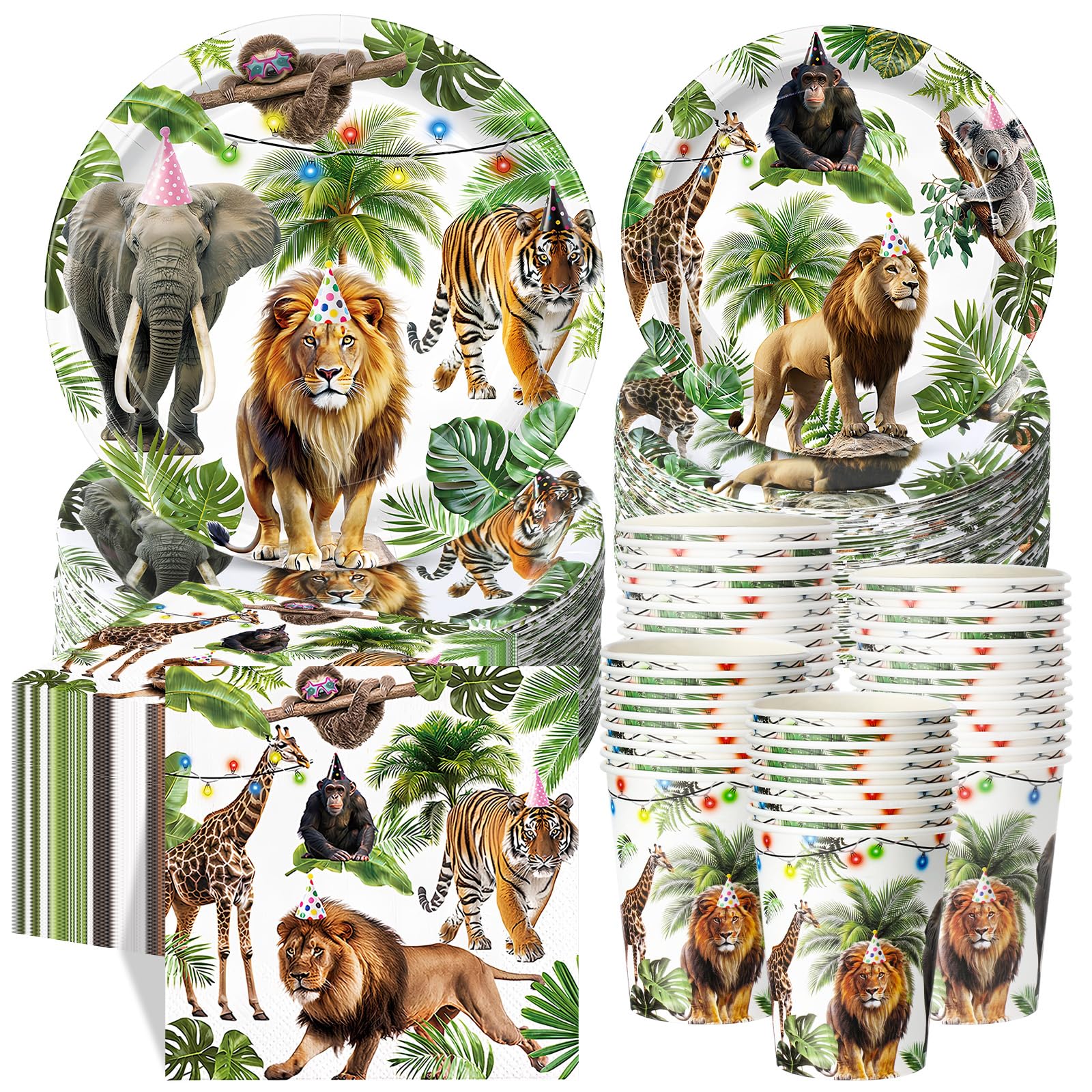 Pickmesh 250 Pcs Jungle Birthday Party Supplies Decorations Serve 50 Safari Animals Disposable Paper Plates Napkins and Cups Jungle Wild Animals Zoo Safari Baby Shower Birthday Wedding Party Supplies