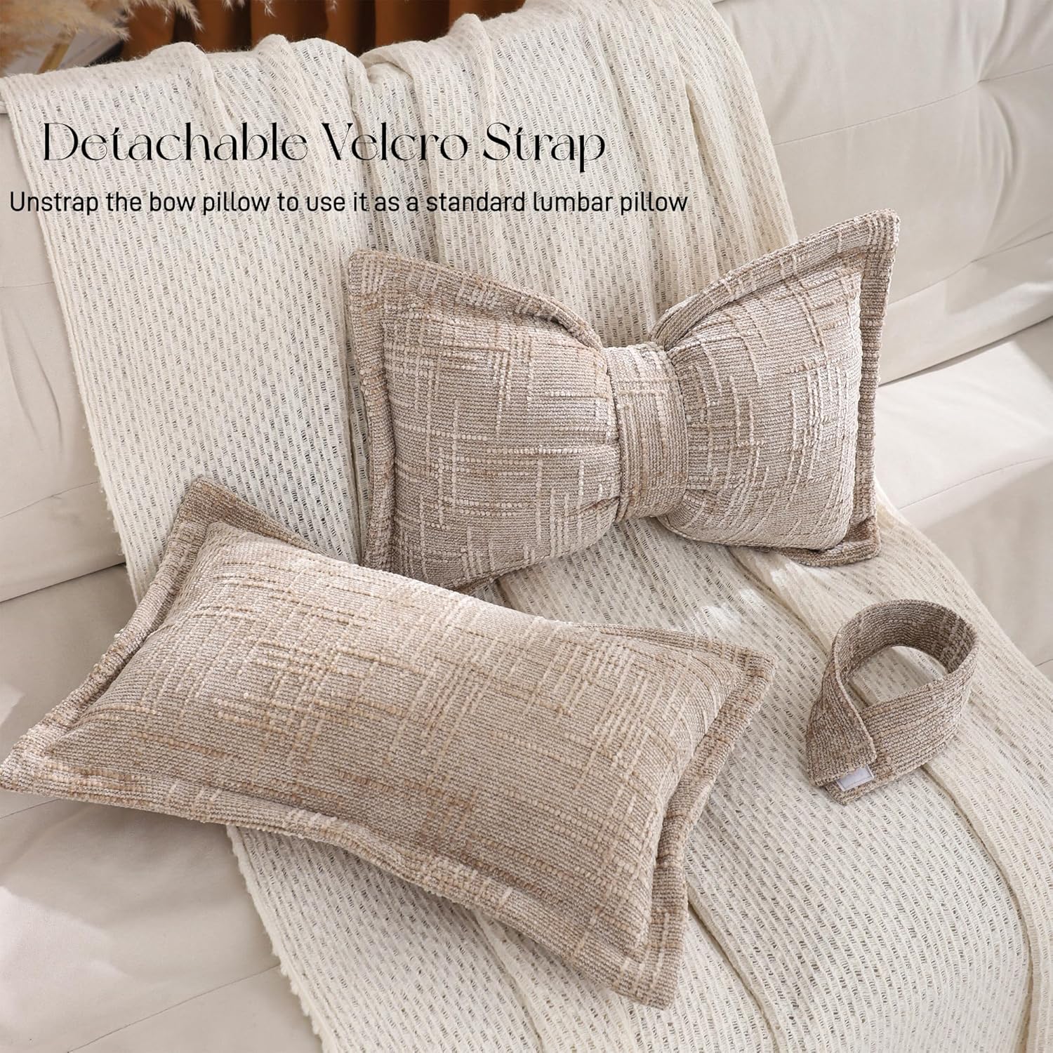 2Pcs Bow Pillow 12 x 20 Inch Boho Decorative Throw Pillows Chenille Textured Lumbar Pillows Large Bow Shaped Cushion for Bed Sofa Couch Living Room Bedroom Home Car Decor, Khaki