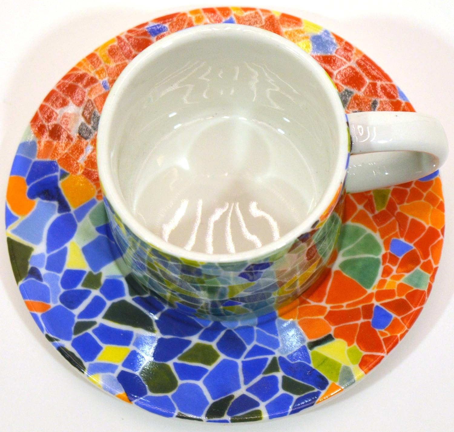 Porcelain Cylindrical Mug/Cup with Handle with Plate Decorated in TRENCADIS Gaudí Style. (Colour Aurora). 2.76'' x 2.76'' x 4.72'' image 3