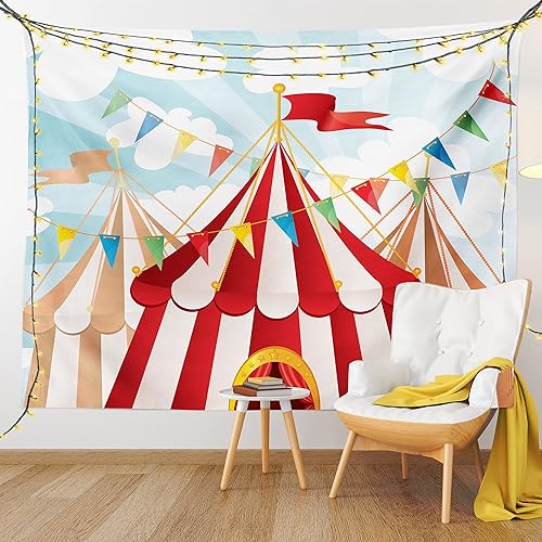 Miniatura 9 de Ambesonne Tapiz de circo tamaño King, diseño de rayas de circo, sol a través del cielo nublado, tema tradicional de artes escénicas, colcha para