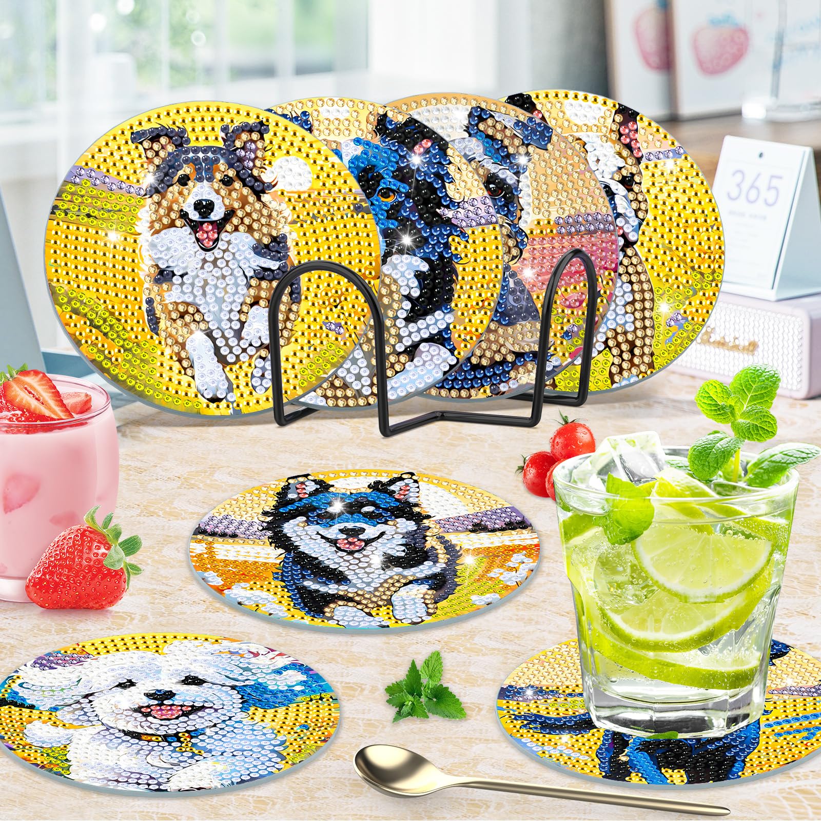 Lxmsja 8 Pcs Dog Diamond Painting Coasters with Stand, 5D Animals Diamonds Kit Diamond Art Adults - Image 3