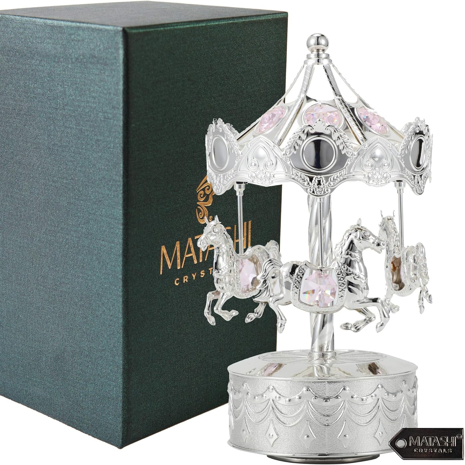 Matashi Tabletop Crystal Studded Music Box Carousel w/Horses Figurine – Silver Plated Decorative Showpiece – Unique Idea for Christmas, Mothers Day, Valentines - Gift for Mom, Wife, Grandma