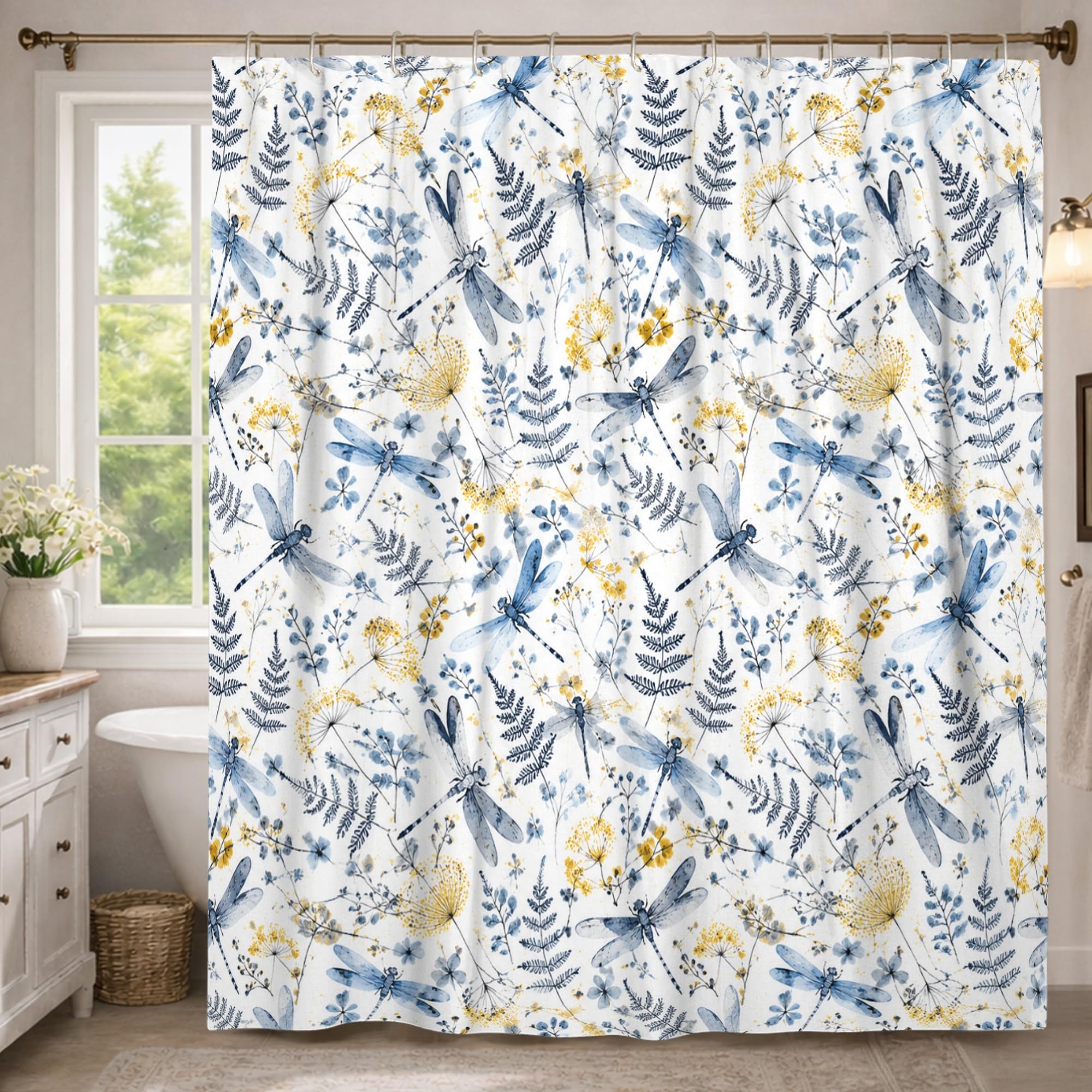 Rideau de douche extra long haut de gamme en toile motif libellule bleu
