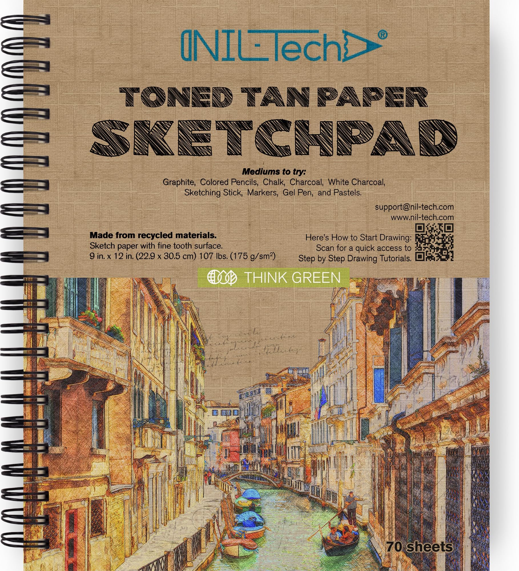 NIL - TECH 70 Sheets Premium Toned Tan Sketchbook 9x12 Inches (107 lb/175 GSM) Spiral Bound Drawing Paper Pad for Gel Pens, Markers, Colored Pencils, Chalk, Oil Pastels, Charcoal Pencils and Graphite