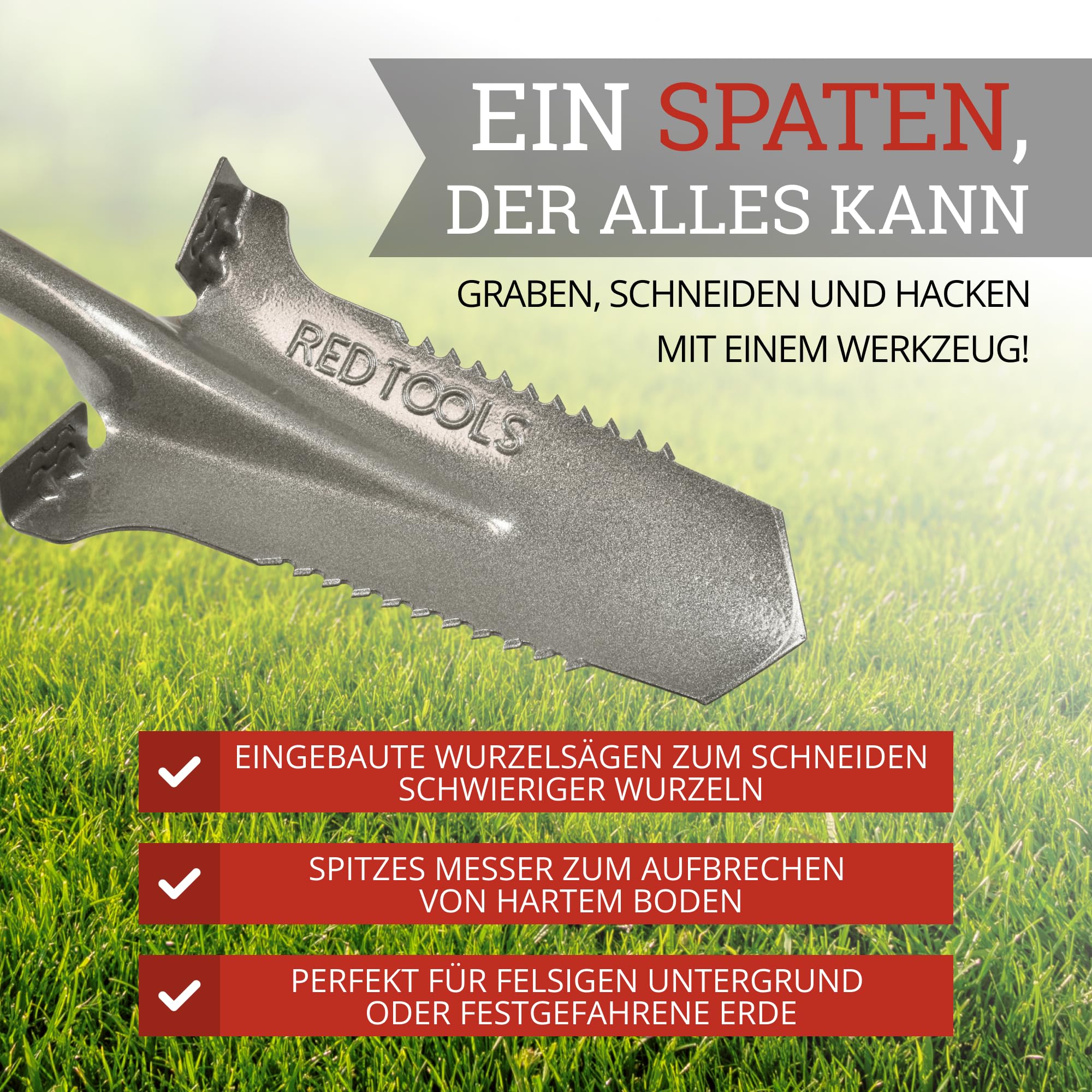 Gartenspaten Spaten mit Wurzelsäge 115 cm Wurzelspaten Spitzspaten 50Mn Stahl 3 mm für Harte Böden mit Trittkante Softgriff