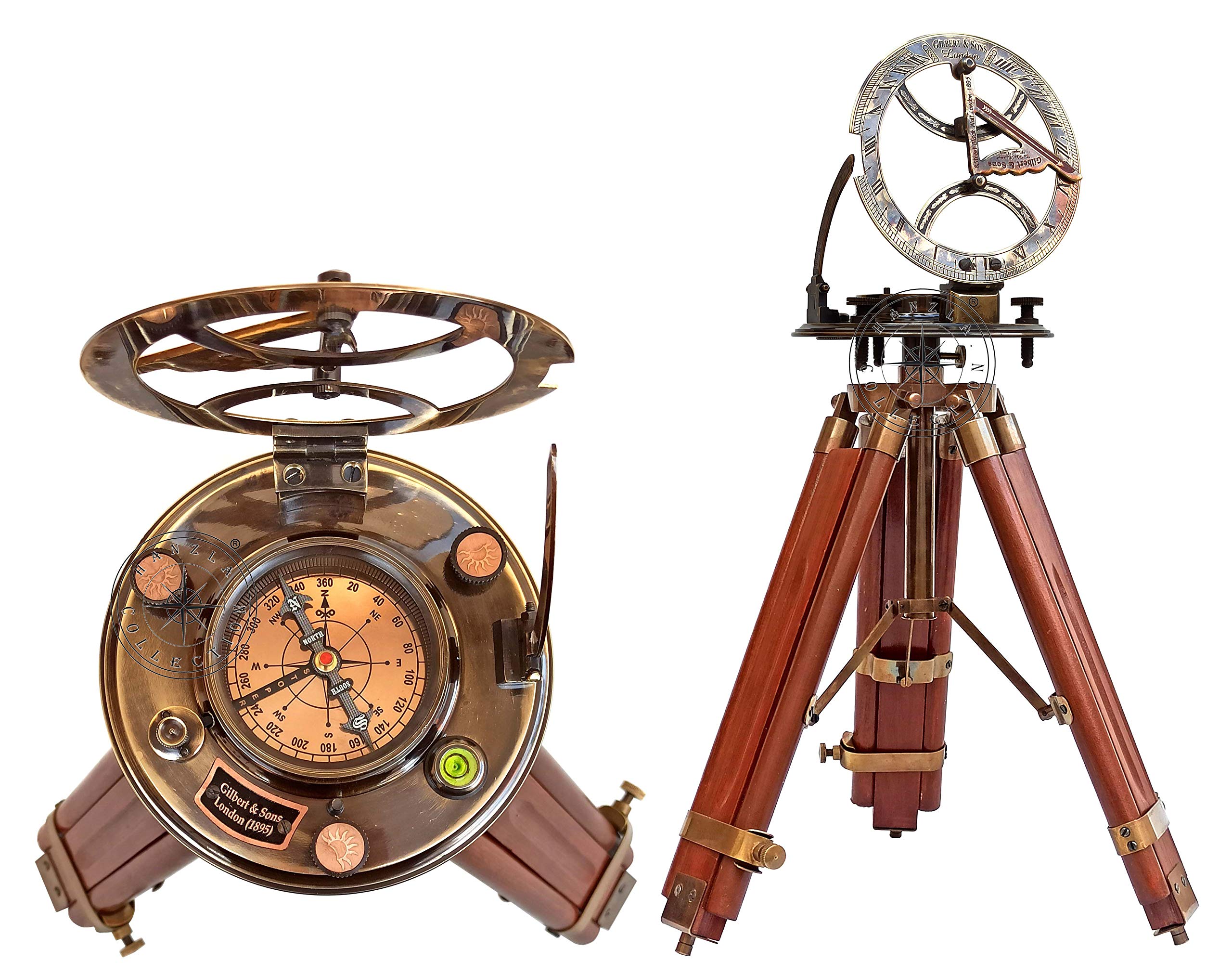 Hanzla Collection Antique Style Tripod Sundial Nautical Brass Compass For Home & Garden Decor