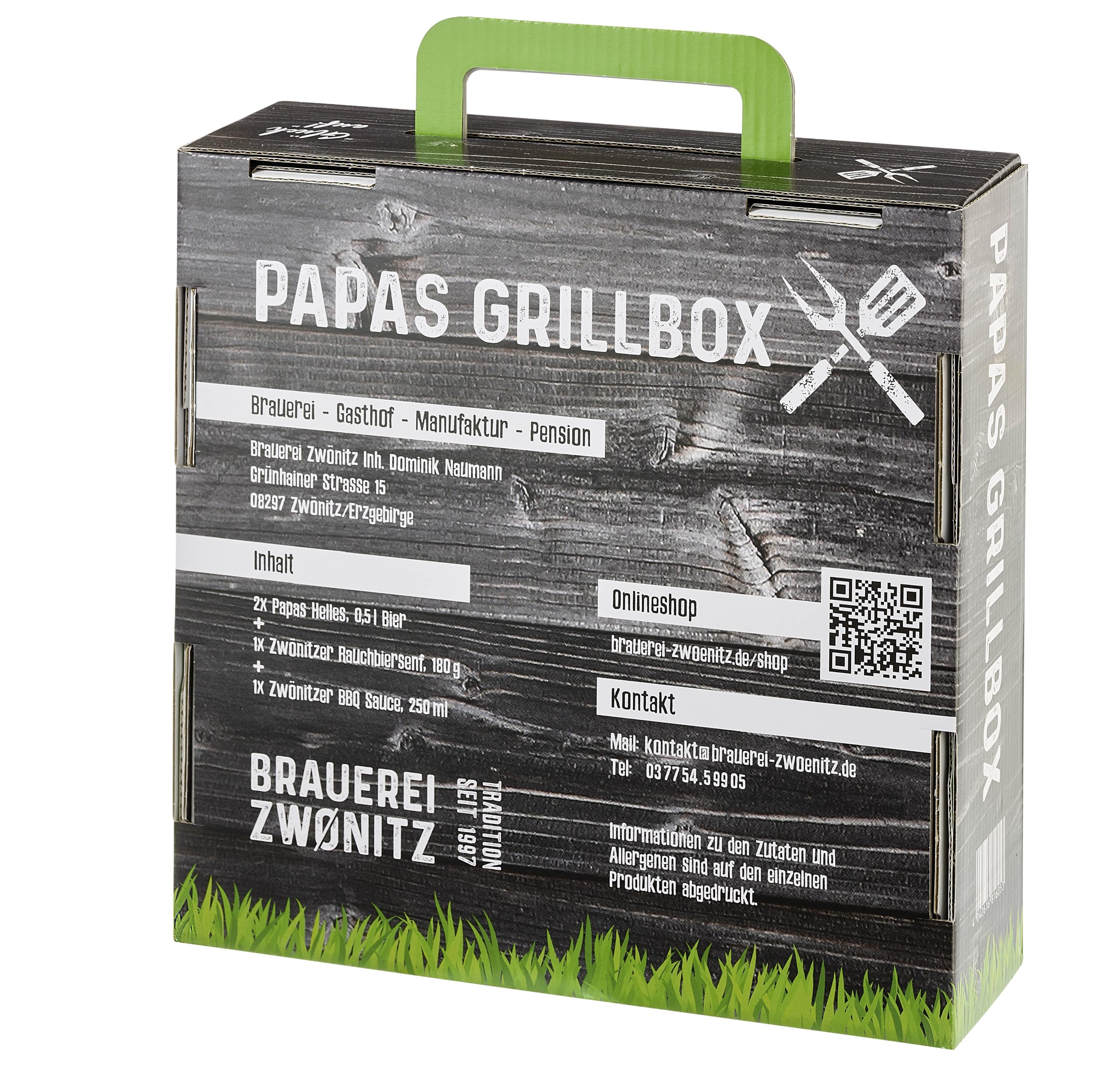 Brauerei Zwönitz – Papas Grillbox – Grill Set mit Bier, Senf & BBQ Sauce - BBQ Geschenkset - Grill Geschenke für Männer - BBQ Zubehör - Geschenke für Grillfans