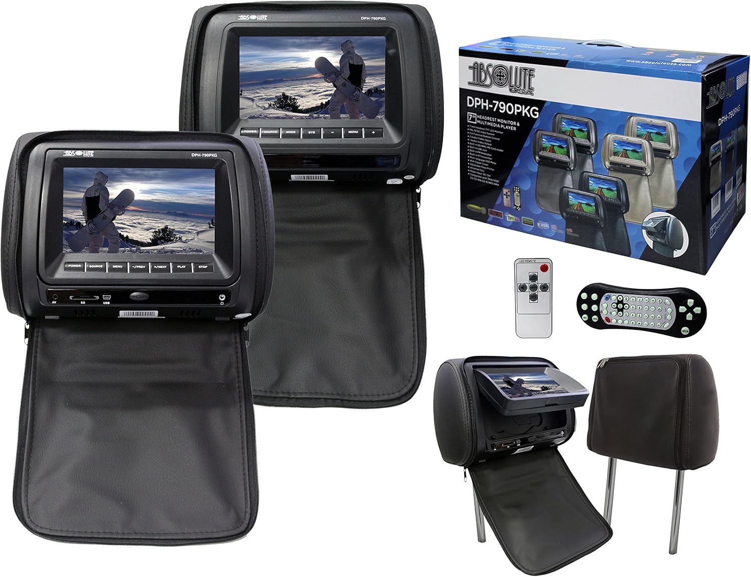 Absolute USA DPH790PKGBK Headrest Monitor & Multimedia Player TFT/LCD Monitor PAL/NTSC Video System, 7", Black