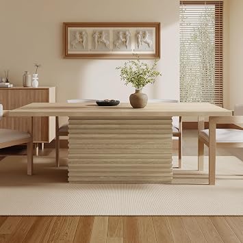 SSLine 84-Inch Large Dining Table for 8 People,Farmhouse Wood Rectangle Kitchen Table with Fluted Pedestal Base for Dining Room Restaurant,Light Natural