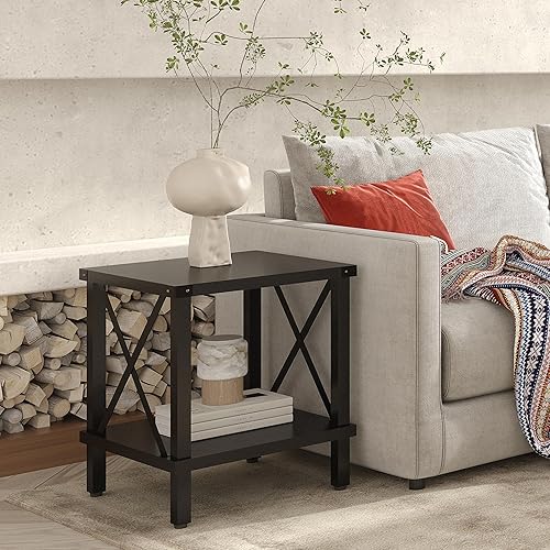 Miniatura 2 de Mesa Auxiliar Grande Estilo Granja Mesa Lateral Estilo Industrial Mesa de Sofá Mesa de Café Metal X Acento Mesa Auxiliar de Madera Mesita de Noche