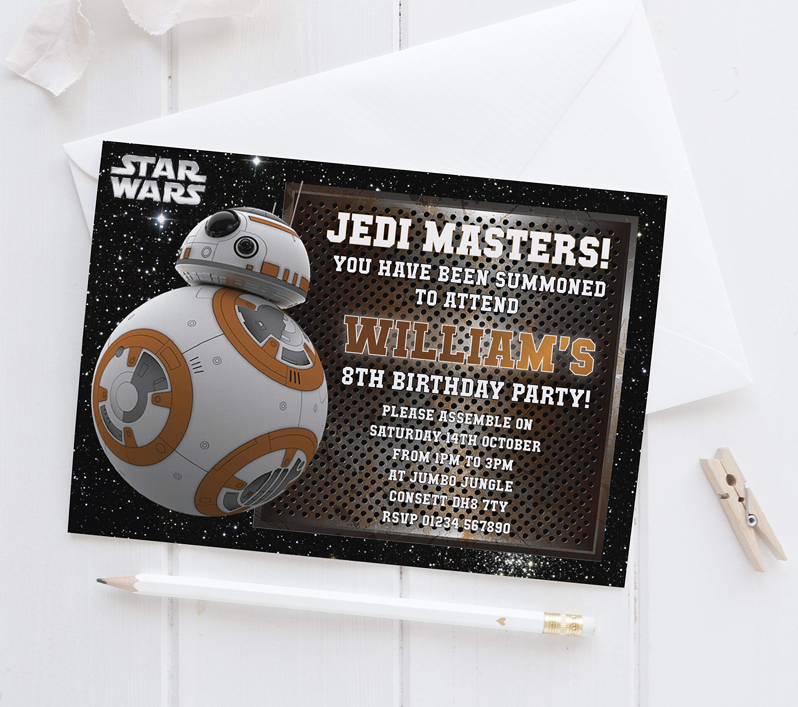 Personal Moments 10 Personalised Star Wars Birthday Invites Invitations Starwars Bb8 Robot With Envelopes