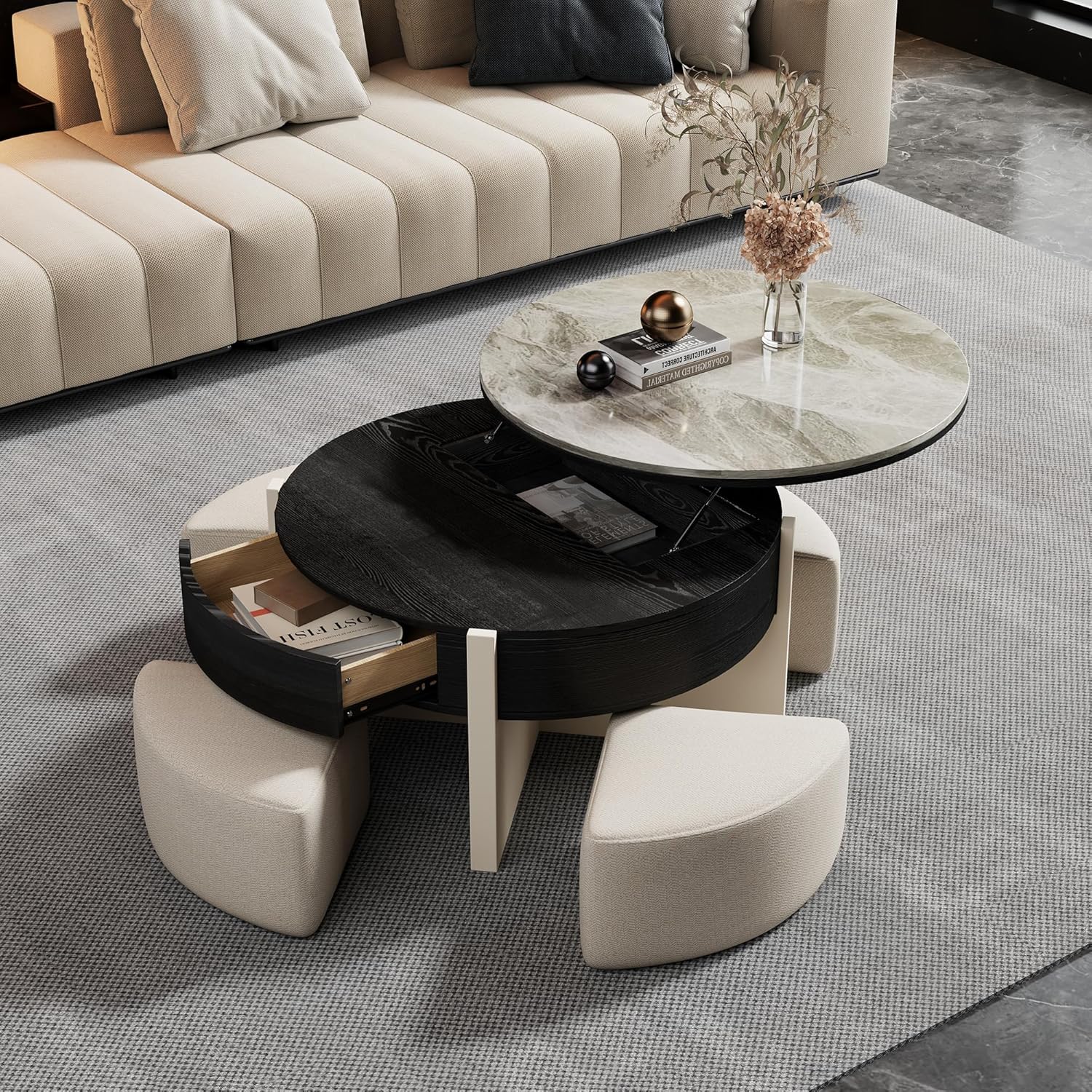 31.5" Modern Round Coffee Table for Living Room, Lift Top Coffee Table with Stools, Sintered Stone Living Room Table with Storage, Fully Assembled Tea Table for Home Office