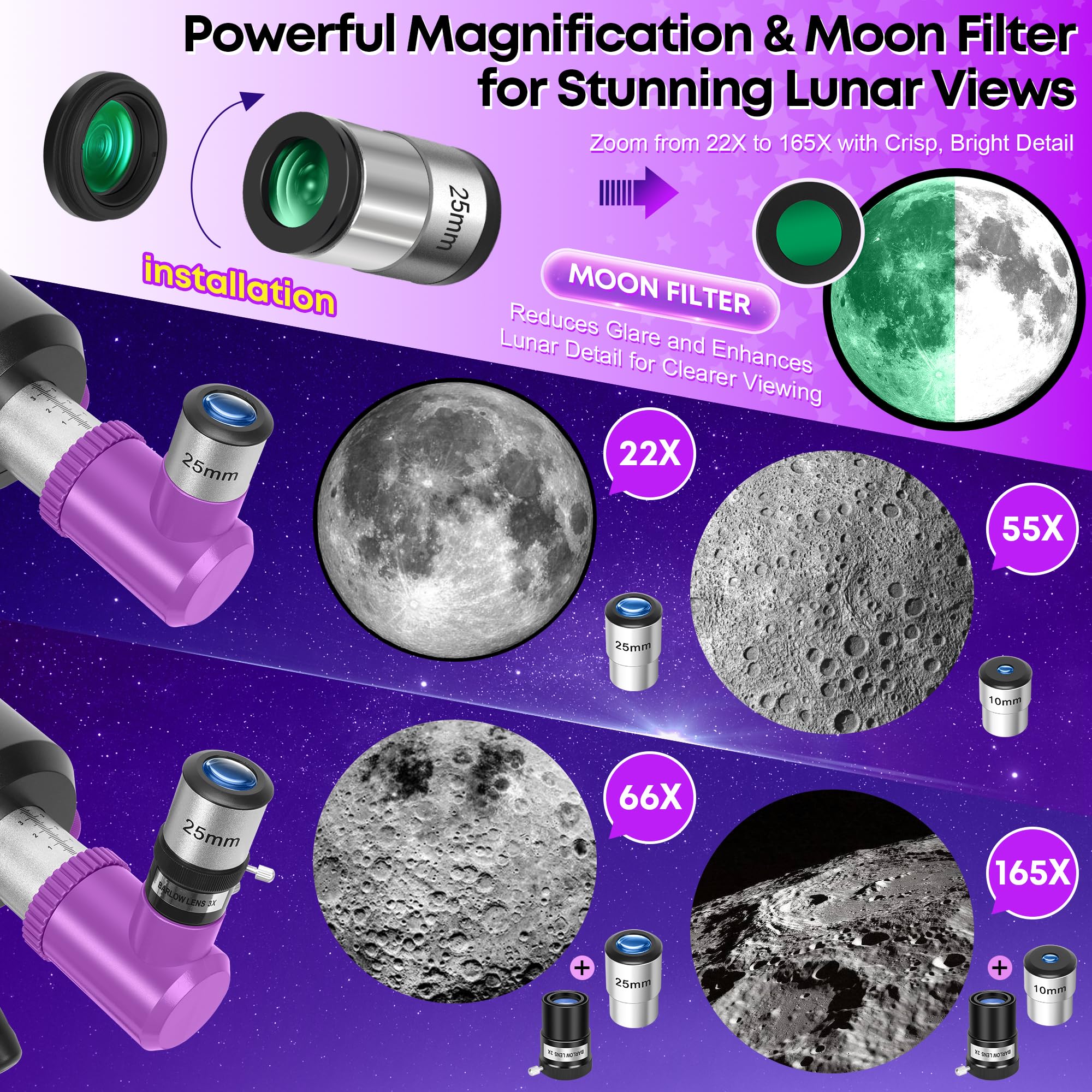 Telescopio Astronomico Professionale per Adulti e Bambini, 90/550mm Telescopio Rifrattore Portatile per Principianti con Treppiede Regolabile, Filtro Lunare, Adattatore Telefonico e Borsa