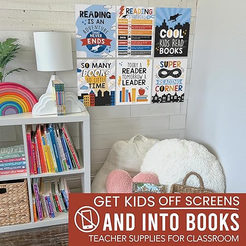 Miniatura 10 de Hadley Designs 6 carteles de lectura retro para decoración de biblioteca de aula para la escuela, carteles de lectura para escuela primaria, juegos