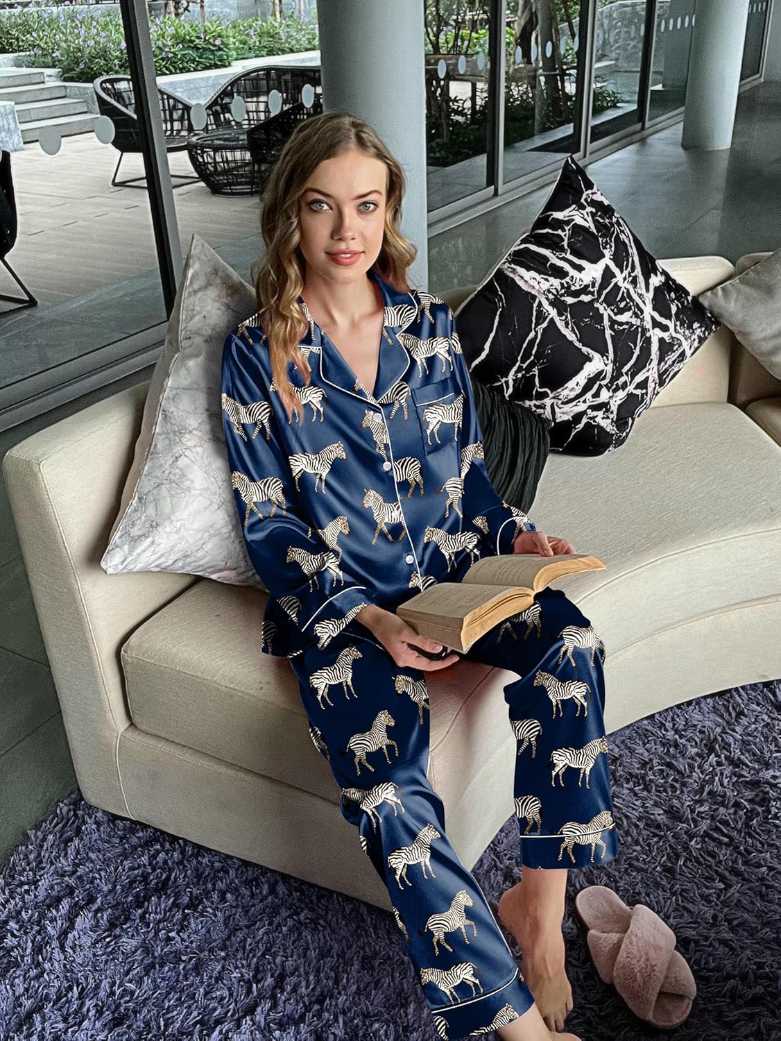 Ekouaer Silk Pajamas for Women Button Down Satin Pj Set Soft Long Sleeve 2 Piece Sleepwear Loungewear S-XXL - Image 4