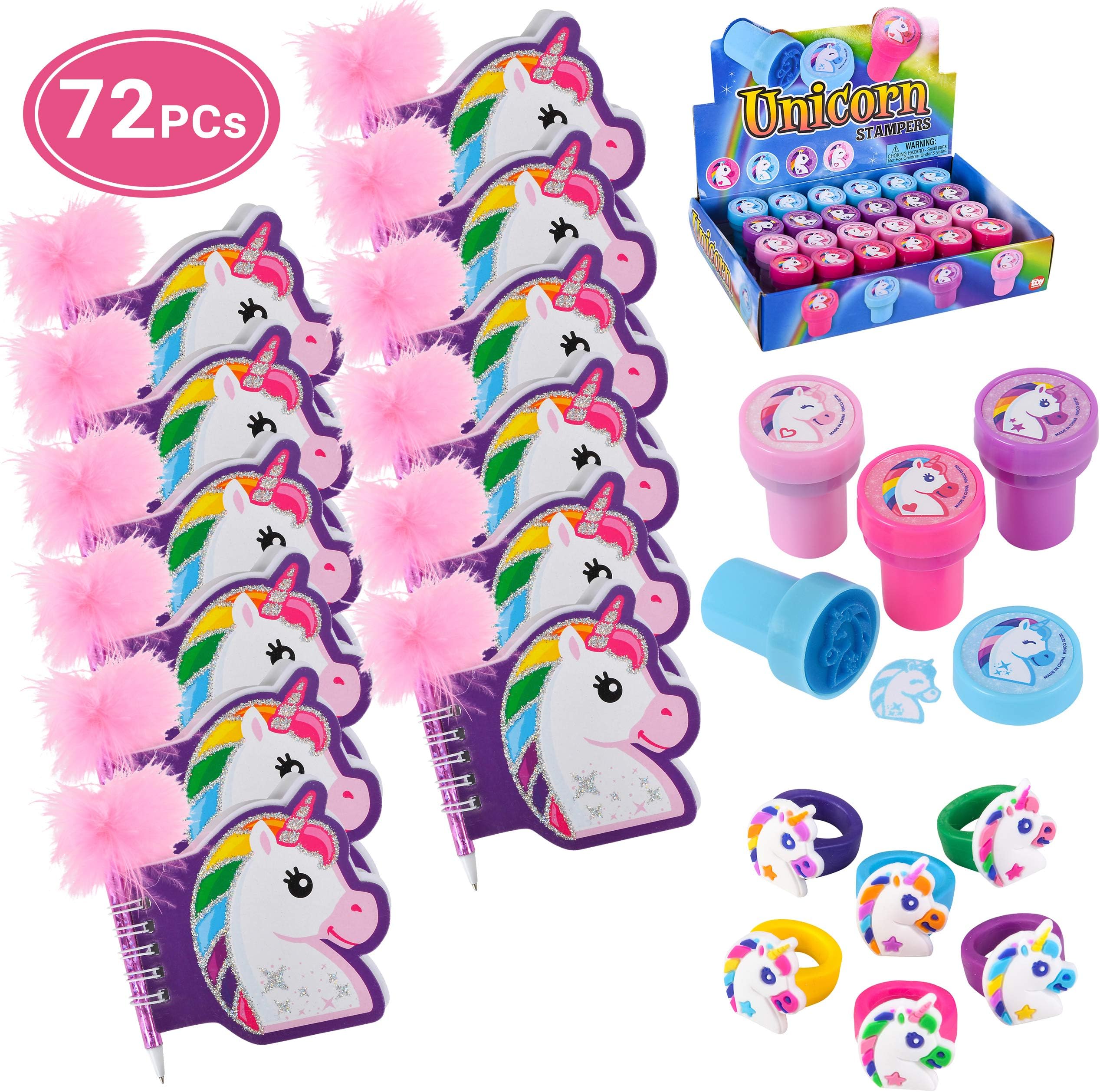 Unicorn Party Favors, 12 Glitter Mini Unicorn Notebooks, 12 Feather Pens, 24 Unicorn Rubber Rings, 24 Unicorn Figure Self- Inking Stampers, 72 Pack